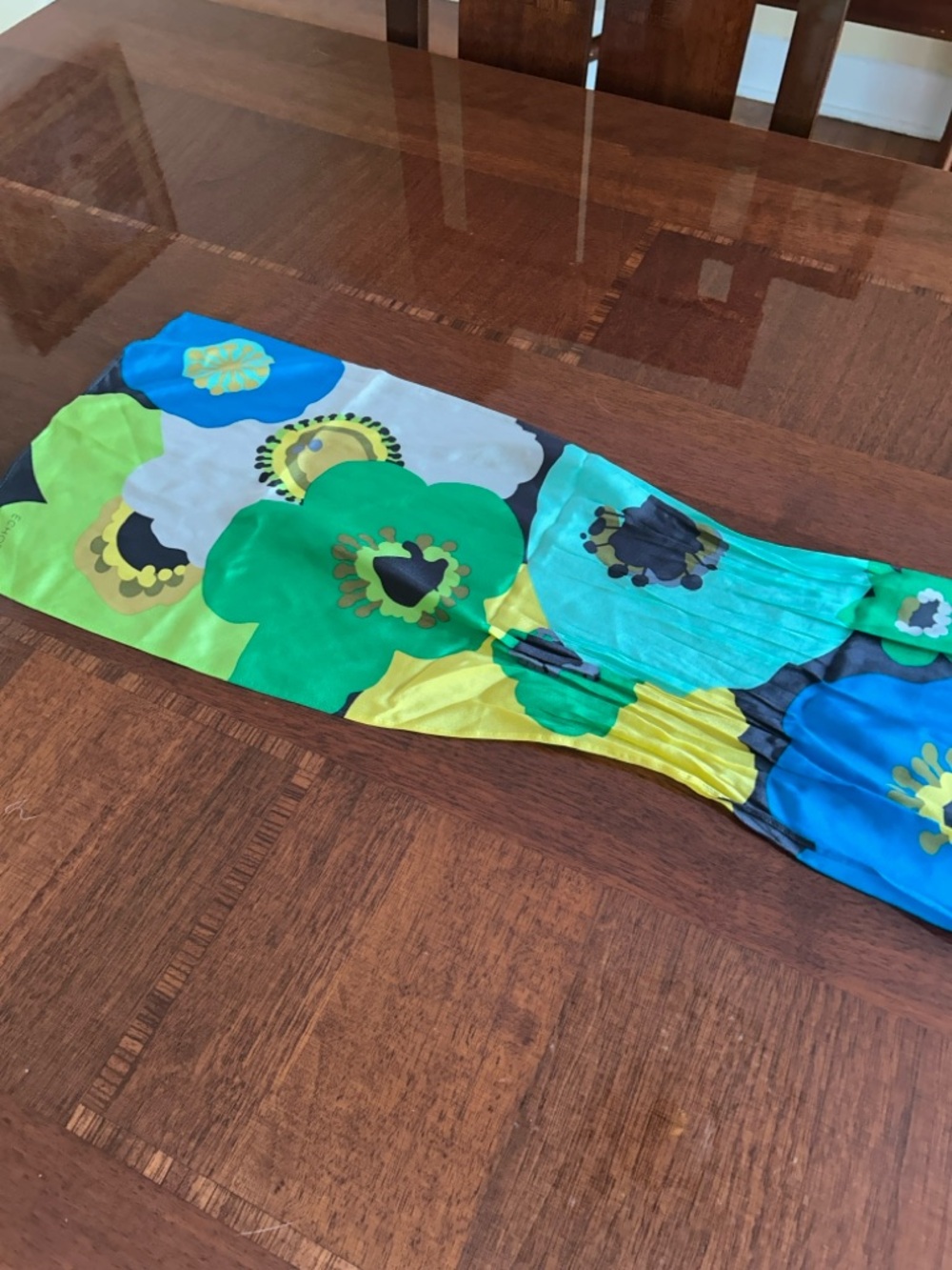 Echo Colorblock Floral Silk Scarf in Blue, Green & Yellow 10“ x 52“ - Picture 7 of 9